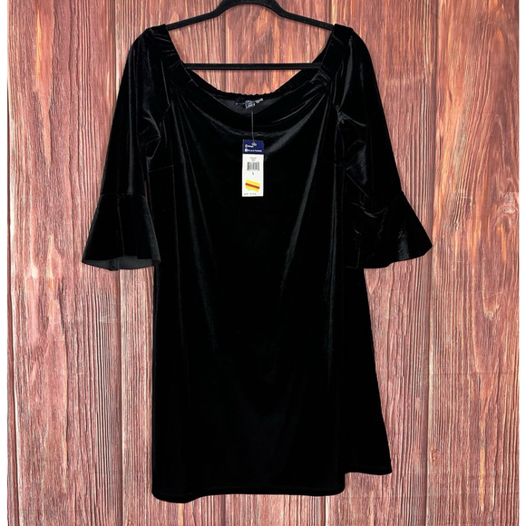 Chaps Off The Shoulder Short Dress Black Velvet Womens Size Large L NWT - Picture 1 of 5